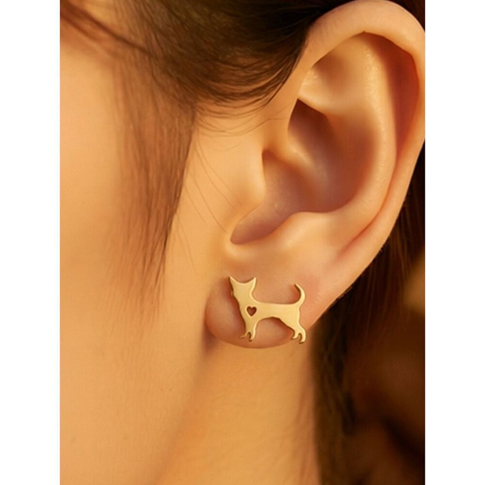 Gold Cat Love Stud Earrings Dainty Stainless Steel Minimalist Pet Lover Novelty